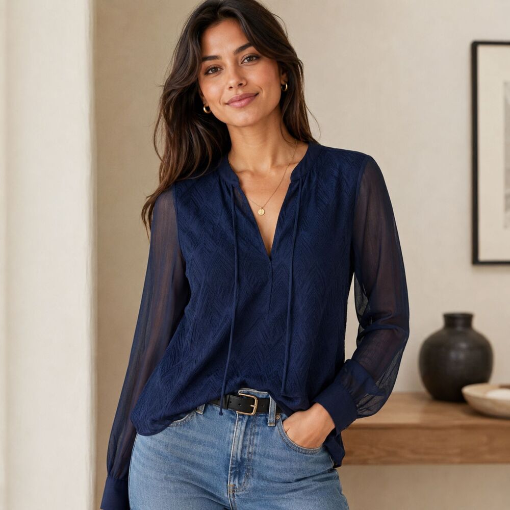 Banana Republic Factory Sheer Blouse Womens XS Navy Embroidered Bohemian Ladies